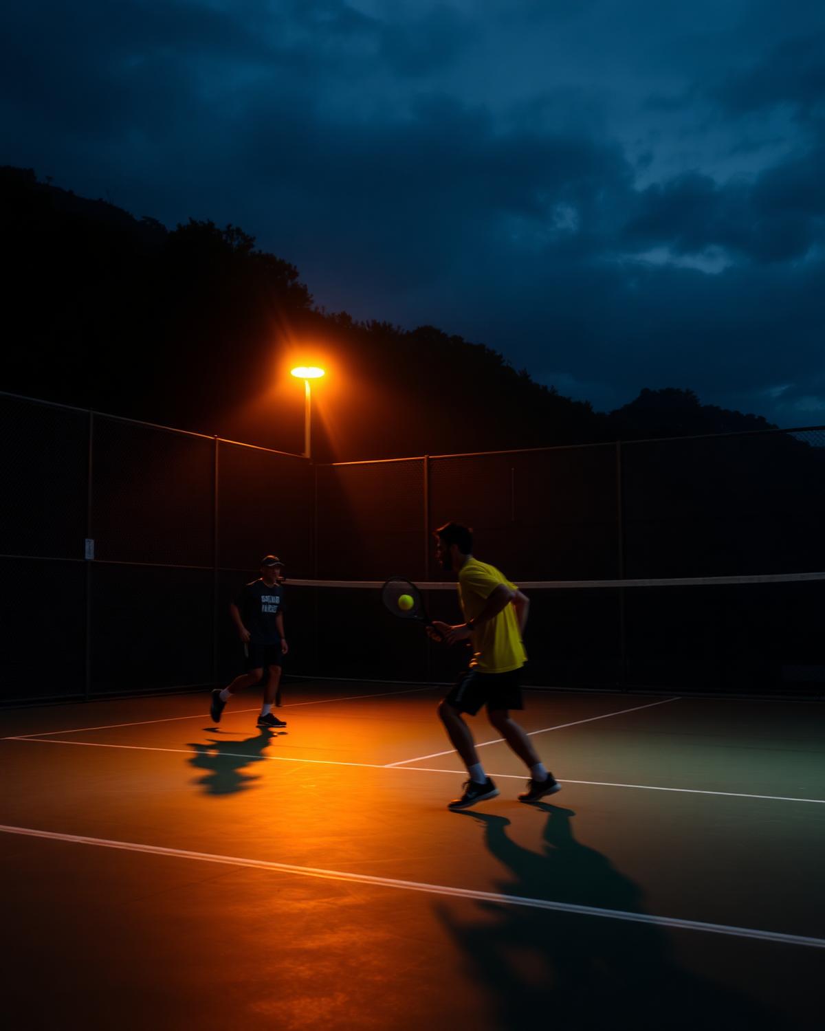 Padel players on a court at golden hour